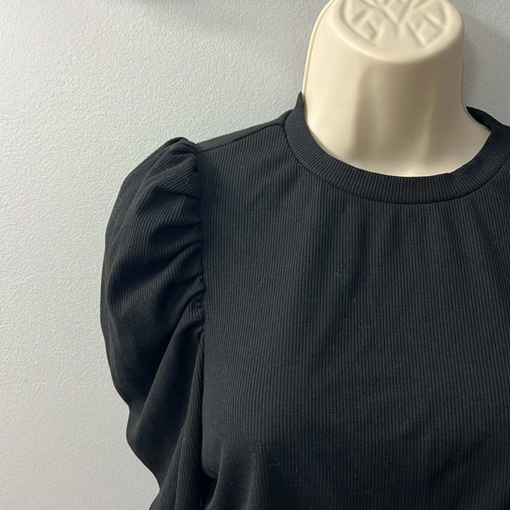 Shein Black Long Sleeve Puff Shoulders Criss Cross Crop Top Large - Picture 8 of 9